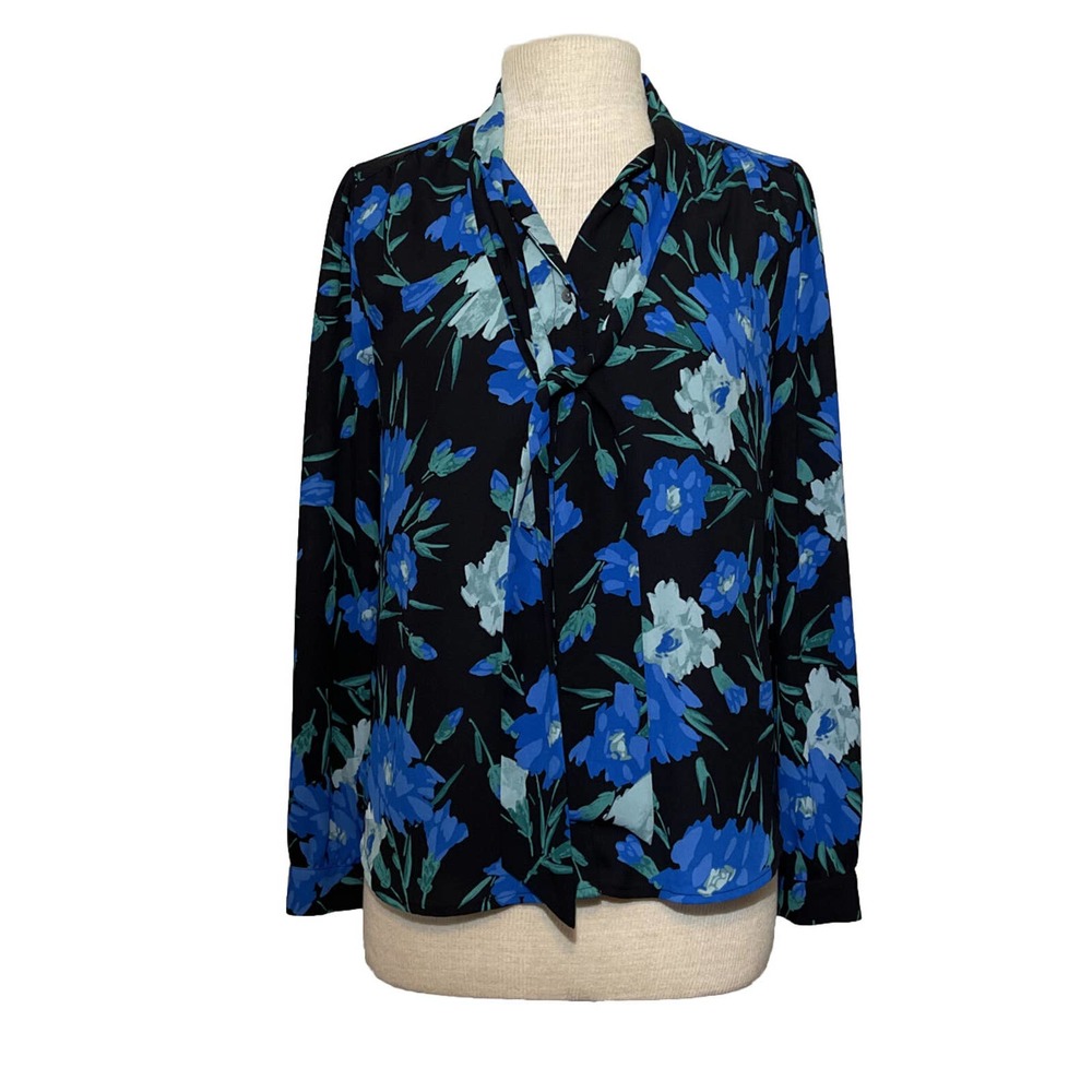 J CREW Women’s S Polyester Blouse Blue Black Floral Long Sleeves Button Front